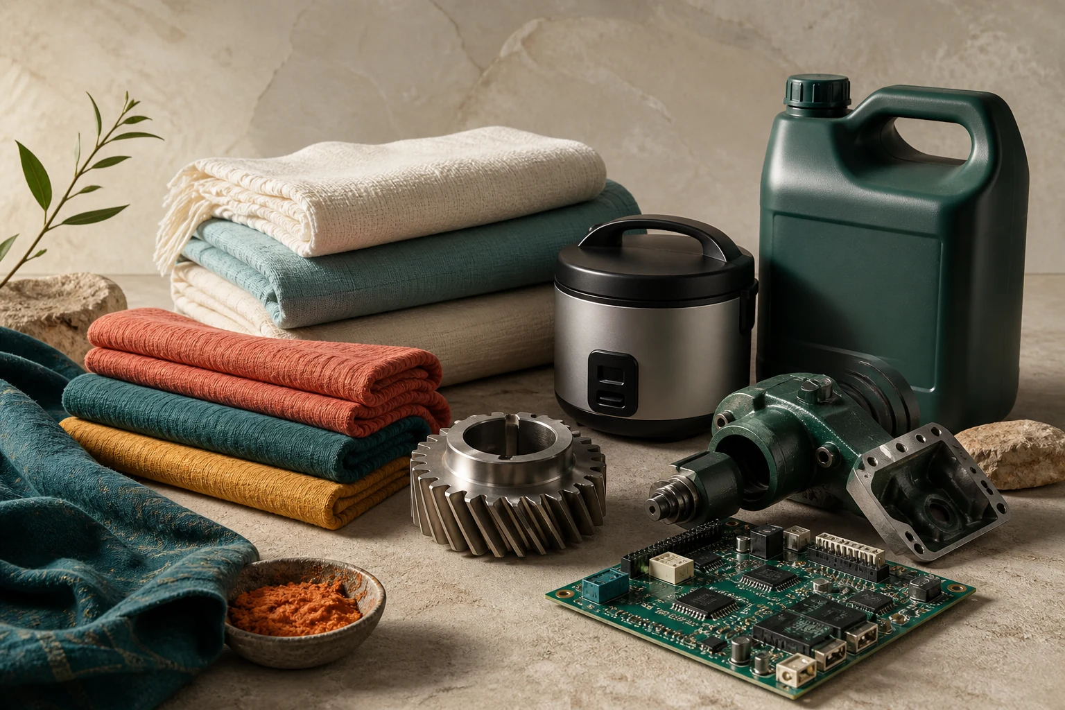 Textiles, a home appliance, industrial components, electronics, and a lubricant container arranged as a wholesale product portfolio